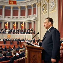 60s soviet fresco of a CCCP congress in a stalinist style parlement with Josip Broz Tito at the tribune, propaganda art , eastmancolor, heavy grainy picture, very detailed, high quality, 4k, HD criterion
