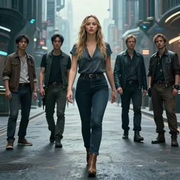 a beautiful portrait of Jenifer Lawrence walking down the street of a sci-fi city by Greg Rutkowski, Sung Choi, Mitchell Mohrhauser, Maciej Kuciara, Johnson Ting, Maxim Verehin, Peter Konig, final fantasy , mythical, 8k photorealistic, cinematic lighting, HD, high details, atmospheric,