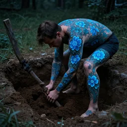 a man digging his own grave, completely tattooed with blue fluorescent flowers, by zdzisław beksinski