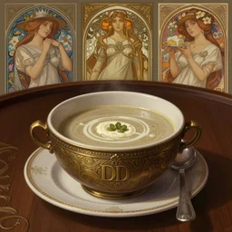 soup on the table of a wooden bar, d & d, fantasy, intricate, elegant, highly detailed, digital painting, artstation, concept art, matte, sharp focus, illustration, hearthstone, art by artgerm, art by greg rutkowski, art by alphonse mucha,