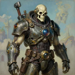 portrait of a dieselpunk t - 8 0 0 skeleton doomguy greg manchess, painting by sargent and leyendecker, ghibli studio, asymmetrical intricate elegant illustration hearthstone, by greg rutkowski, by greg tocchini, by craig mullins