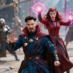 Action sequence still of Doctor Strange in the foreground and Scarlet Witch in the background, fighting using magic on a battlefield, Trending on artstation, photorealistic image, photorealistic imagery, 4k, 8k, movie still, action still