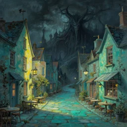 street of teal stone, sunlight and whimsical houses, cafe tables, mordor, dark scary ominous desolate, painting by james gurney