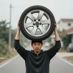 man wearing car wheel on head as hat