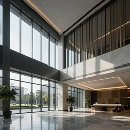 a beautiful office building lobby with sleek modern design and large windows