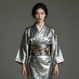 futuristic beautiful woman in kimono dress made of steel plate