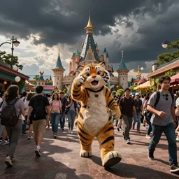 crowd fleeing from aa maneating theme park mascot