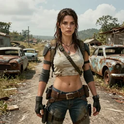 fallout 5, charismatic beautiful rugged brunette female protagonist, portrait, outdoors dilapidated counrty roads, rusty retro futuristic vintage vehicles, atmospheric lighting, painted, intricate, volumetric lighting, beautiful, daytime, sunny, slight overcast weather, sharp focus, deep colours, ultra detailed, by leesha hannigan, ross tran, thierry doizon, kai carpenter, ignacio fernandez rios
