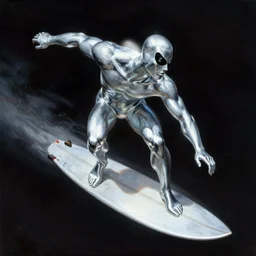 Silver Surfer flying in his silver surfboard in space, by Frank Frazetta