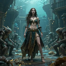 costume design from underwater creature designers, sophisticated composition, old masters light composition, procedurally generated, epic drama girl character posing for concept art, ancient city streets behind her, substance designer, PBR, HD, Ultra detailed, hyperrealistic, megascans, volumetric light, concept by master artist, made in paint tool SAI2, trending pixiv face