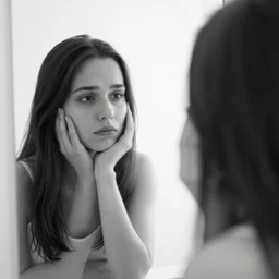 sad woman looking in a mirror at a blank smooth face, black and white