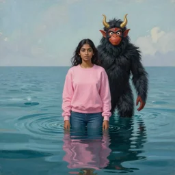 stunning painting of a ( south asian woman in pink sweatshirt ), standing waist deep, in an infinite ocean, her body reflecting in water reflection, standing behind her is ( a black haired sri lankan devil sasquatch muppet costume ), cinematic painting by james jean, 4 k, surreal art, soft lighting, digital art
