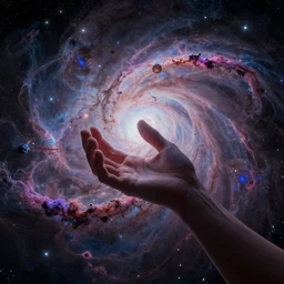 a hand reaching out from a nebula, digital art, psychedelic, 8K