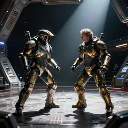 sci-fi armored cosplay combat in space-station arena by Roger Deakins
