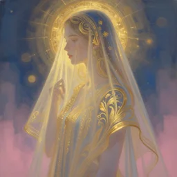 beautiful uncertainty, crossing over the spiritual veil, sharp focus, intricate, elegant, digital painting, artstation, matte, highly detailed, concept art, illustration, volumetric lighting, gold and blue and pink color scheme, bokeh light, art by greg olsen and liz lemon swindle