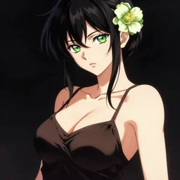 sexy woman with green eyes, hot, flower in her hair, wearing a camisole, black and brown colors, in the style of greg rutkowski, high quality anime artstyle, intricate