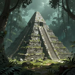 Ruins of an ancient alien pyramid in the middle of an overgrown forest, dreamscape, dramatic lighting, fantasy art illustration, trending on artstation, Aetherpunk