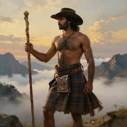 a dramatic epic beautiful ethereal painting of a shirtless hairy desi man | he is wearing a plaid kilt and cowboy hat, and holding a long wooden staff | background is mountain peaks and clouds | dramatic lighting, golden hour, homoerotic, realistic, art nouveau | by mark maggiori | trending on artstation