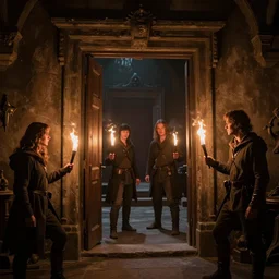 an open door leading to another room, with darkness beyond the door, while holding torches, a group of 4 adventures in the photo, in a dungeons and dragons setting, artstation, artgerm, greg rutkowski, real photo, real camera, 8 k, professional shot