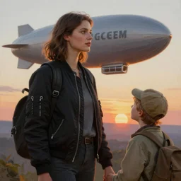 beautiful tall aviator girl !!!! in black bomber jacket and an explorer boy holding hands looking out of a flying zeppelin!!!!! during sunset, close up, cinematic, photorealistic, ultrarealistic, textured, painting by artgerm and greg rutkowski artstation