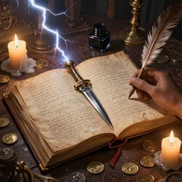 a gonzo illustration of an open spellbook on an antique table, melting candles, sacrificial dagger, ink and quill, coins, micro details, masterpiece, dramatic lightning, very high details, viewed from above, by godmachine