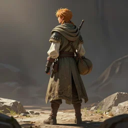 an intricate concept art of a explorer nomad man standing wearing a cloak and a bag, full body shot, back - view, anime style, global illumination, digital art, photorealistic movie still, style ivan talavera and artgerm, hyper realistic, photorealistic, octane render, trending on artstation, cgsociety, cinematic light, 8 k