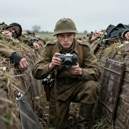 a german world war 1 soldier in a trench staring at the camera, there are dead corpses around him, taken by a world war 1 camera.