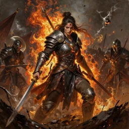 a beautiful brutal warrior on the battlefield, wrath flame and ruin, oil painting, trending on artstation