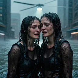 cinestill 5 0 d candid photographic portrait by steve mccurry of two loving female androids sobbing wearing rugged black mesh streetwear in treacherous waters, flooded city, medium closeup, retrofuturism cyberpunk moody emotional cinematic, pouring iridescent rain bright spotlight helicopter, 8 k, hd, high resolution, 3 5 mm, f / 3 2, ultra realistic faces, ex machina