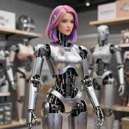 store selling womanized humanoid robots made of steel, beautiful face, colored hair, unreal engine 5, sharp focus