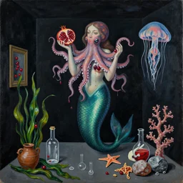 sensual, a dark apartment with black walls, portrait of a mermaid holding an octopus, berries dripping juice, pomegranate, jellyfish, seaweed, berries, trash, starfish, coral, rocks, pottery, seaweed, empty pet bottles, scientific glassware, by magritte, neo - expressionism, surrealism, acrylic and spray paint and oilstick on canvas