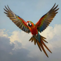 a beautiful realistic painting of a macaw spreading its wings and soaring to the sky, symetrical wings, ayahuasca, fantasy art style, trending on deviant art