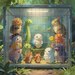 cages in the zoo with many anime cute cartoon surrealistic sci fi extraterrestial animals inside, perfect art, painted by gaston bussiere, makoto shinkai, akihiko yoshida, gaston bussiere, craig mullins, unreal 6 render