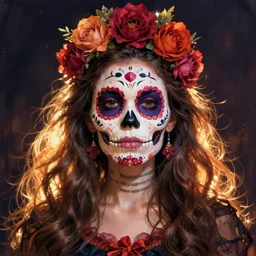 Illustration of a sugar skull day of the dead girl, art by Thomas Kinkade