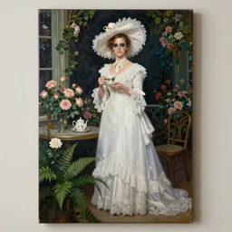 painting hanging on wall full body fashion model emma watson by Winslow Homer smokey eyes makeup eye shadow fantasy, glow, shimmer as victorian woman in a long white frilly lace dress and a large white hat having tea in a sunroom filled with flowers, roses and lush fern flowers ,intricate, night, highly detailed, dramatic lighting , high quality
