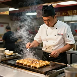 wafflehouse restaurant cook smoking a cigarette while cooking food on a flat top grill