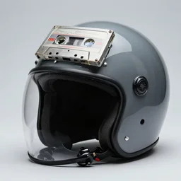 a motorcycle hmd helmet in the style of a 1 9 8 0 s grey aged cassette tape player. cyberdeck. product photography