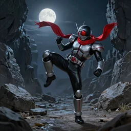 Kamen Rider with a red scarf billowing behind him standing in a rock quarry doing a side kick, full body single character, League of Legends Character Splash Art, rubber suit, biomechanical, Arcane style, good value control, high quality, 4k, ultra realistic, highly detailed, illustration, matte painting, rule of thirds, centered, cinematography, moonlit night,