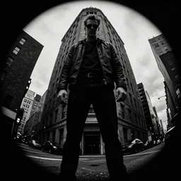 noir film world , Frank Miller, trending on Artstation, 8K, ultra wide angle, pincushion lens effect.
