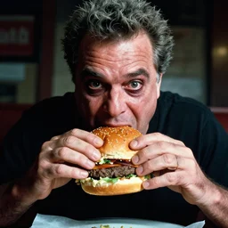 dramatic color photo of guy fieri eating a burger, detailed and creepy, by william eggleston, fujifilm velvia 5 0, color photography, sigma 2 8 mm