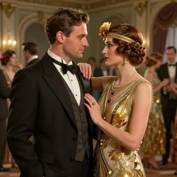 daniel gerhartz and wlop and alfons mucha detailed portrait of a 1 9 2 0 s beautiful couple at a party in a mansion, mansion interior in the background, unreal engine, hyper realism, realistic shading, cinematic composition, blender render, octane render, hdr, detailed textures, photorealistic, 3 5 mm film
