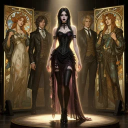 digital concept art by artgerm, tooth wu, bierstadt, gurney, stalenhag and alphonse mucha. attractive goth girl!! full body!! contour light effect!! 8 k, stage light. octane render. sharp edge. ultra clear detailed
