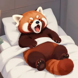 commissioned full body portrait of an anthro!! red panda waking up in bed! and yawning, trending on furaffinity,