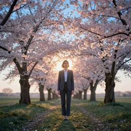 girl in suit in field of cherry blossom trees, heavenly glow, soft focus, surreal photography, sunrise, blue sky, dramatic light, photo manipulation, hdr, digital painting, artstation, simon stalenhag