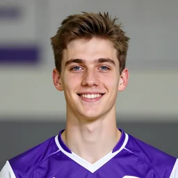 photographic portrait of a young white male smiling with short brown hair that sticks up in the front, blue eyes, groomed eyebrows, tapered hairline, sharp jawline, wearing a purple white volleyball jersey, sigma 85mm f/1.4, 35mm, 4k, high resolution, 4k, 8k, hd, full color