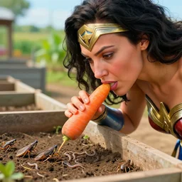 a closeup photorealistic illustration of wonder woman feeding carrots to crickets and worms living in farm pens. bright scene. fine detail. this 4 k hd image is trending on artstation, featured on behance, well - rendered, extra crisp, features intricate detail, epic composition and the style of unreal engine.