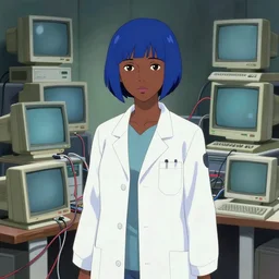 dark skin woman wearing a white lab coat with a short blue haircut, body connected to wires and surrounded by 1 9 8 0 s computers, painted by yoshitoshi abe and makoto shinkai, in the style of serial experiments lain and evangelion 1 9 9 5, dynamic lighting, dark ambience, 3 5 mm, cell - shaded, detailed face, retro tech, blue / red lighting