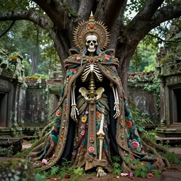 A portrait of the god of trees, vibrant, intricate details, cloak, skeleton, robe, floral, overgrown, ancient, ruins, atmospheric