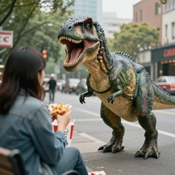 dinosaur watched a lady in the street eating a kfc, cinematic, photorealistic