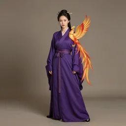 woman in purple robes with a phoenix on her shoulder, full body shot
